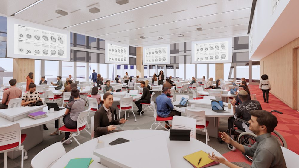 An artist rendering of a group conference room with tables in the HELIX building in New Brunswick that will house RWJMS
