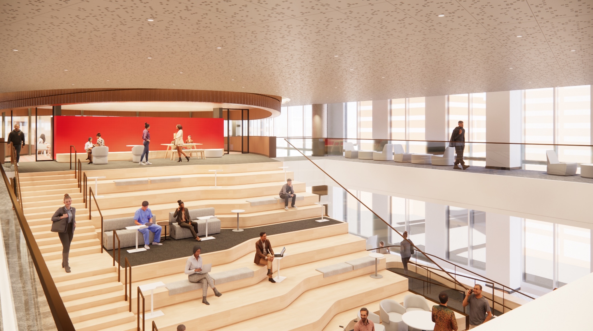 An artist rendering of a wide open area with tiered seating in the HELIX building in New Brunswick that will house RWJMS