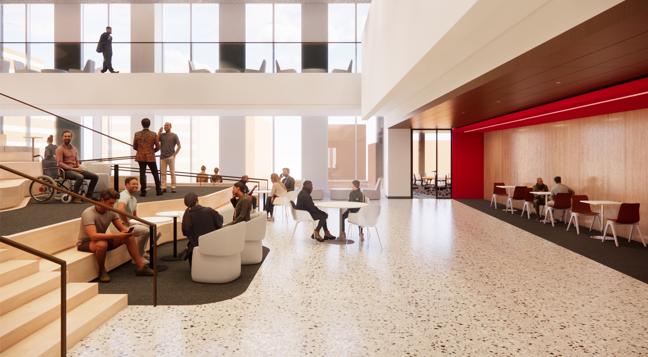 An artist rendering of a wide open area with tiered seating in the HELIX building in New Brunswick that will house RWJMS