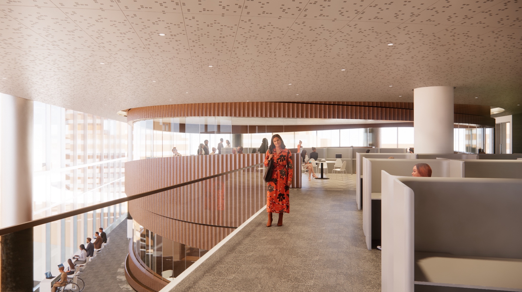 An artist rendering of students coming and going in a lounge area in the HELIX building in New Brunswick that will house RWJMS