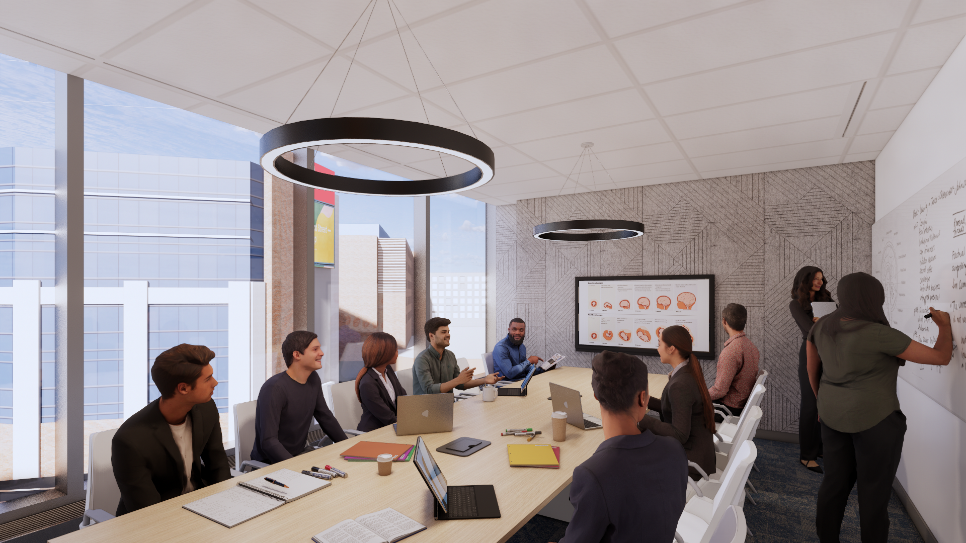 An artist rendering of people sitting around a table in a seminar room in the new Helix building