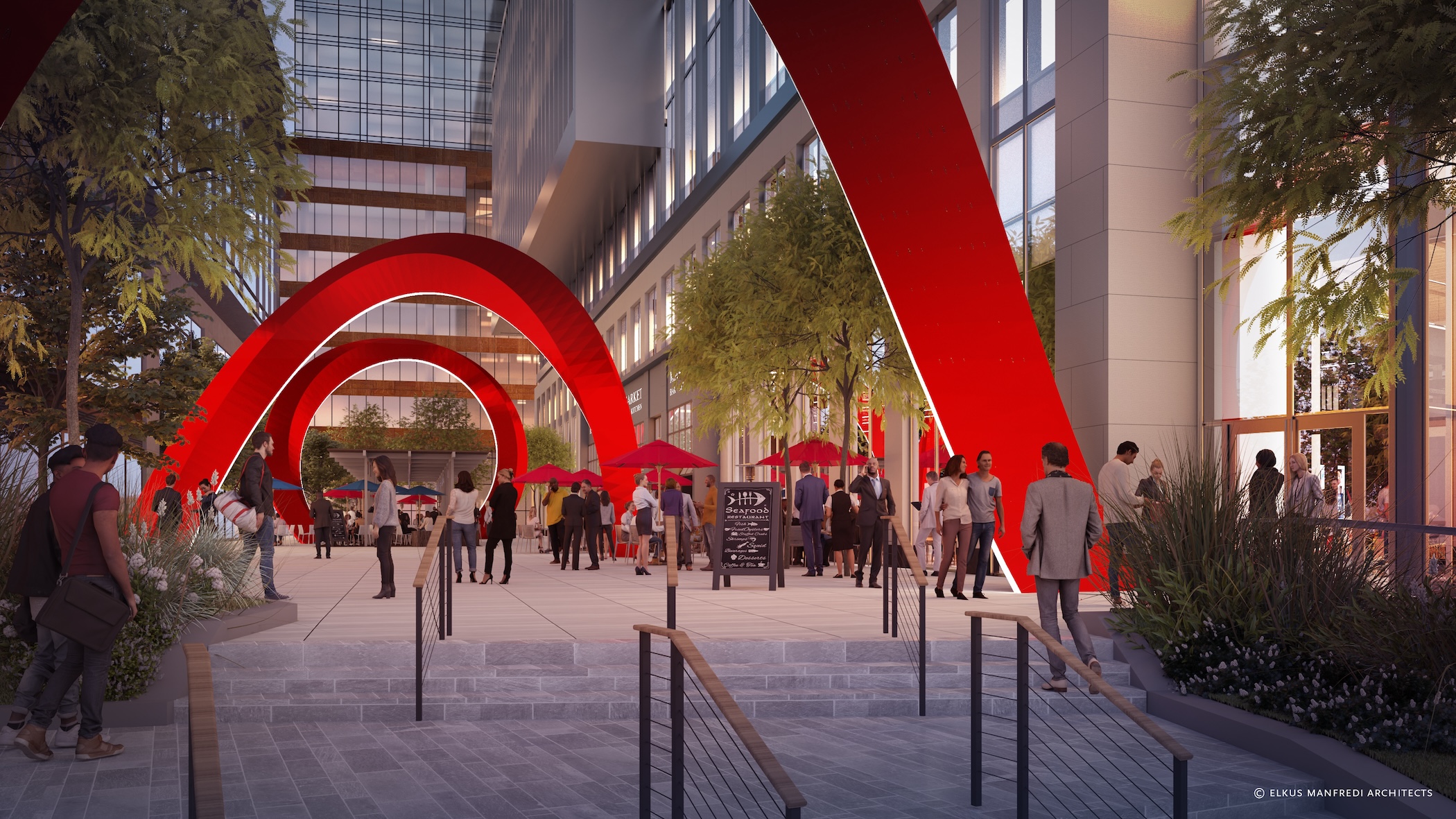 An artist rendering of an outside courtyard at the HELIX NJ building that will house RWJMS