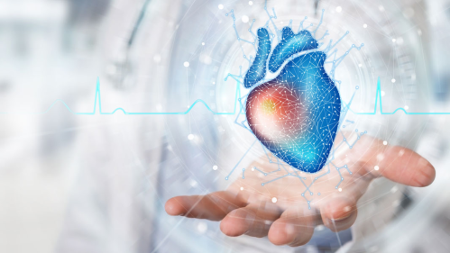An illustration of a doctor holding a virtual reality heart