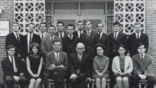 Black and white historic photo of the first medical school class