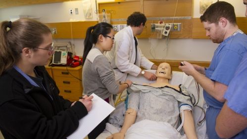 Medical trainees practice skills in a simulation lab with a simulation patient