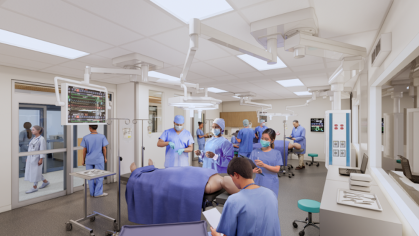 An artist rendering of students learning in a sim lab in the HELIX building in New Brunswick that will house RWJMS