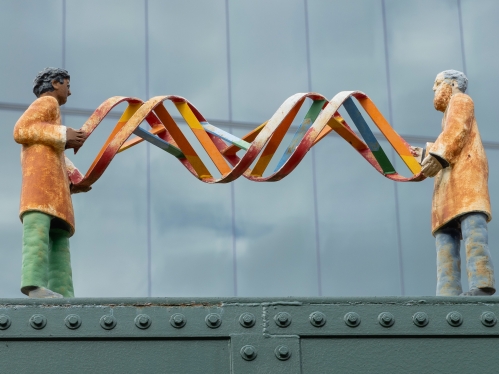 A sculpture depicting researchers examining a double helix