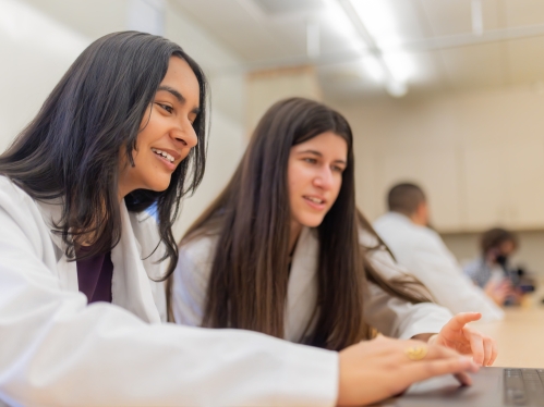 Two medical students work at a computer at RWJMS