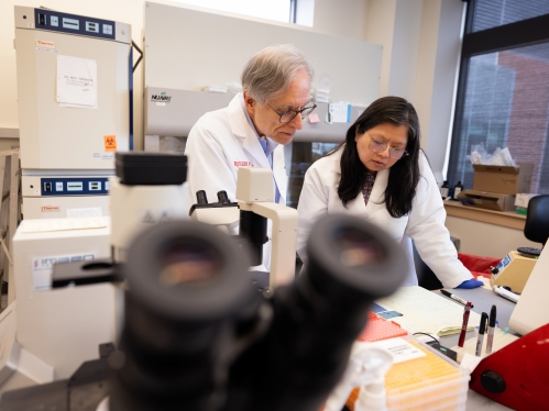 Two researchers look at paperwork in the lab